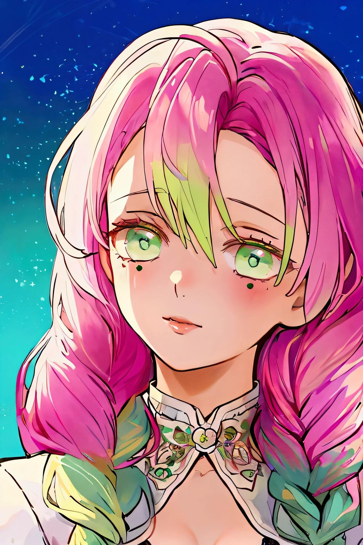 Convert your flower art into illustration.、Create backgrounds with vibrant colors and unique touches The type of flower is statice、Gypsophila、sweet pea、Mix in some lace flowers, portrait, face portrait, big breasts, cleavage, pink hair, green eyes, (green highlights), green braids,