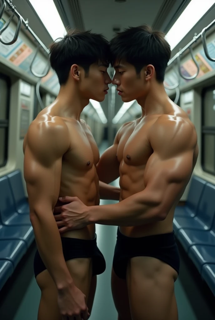 (Two masculine men jin and yan are in empty metro train), ((jin is a handsome 20 year old korean bodybuilder man with cute face, medium height, wearing tight booty shorts, perfect facial features, well defined muscles, perfect bare body, pale skin, sexy gaze looking at the viewers), (yan is tall handsome 30 years old horney Korean man, wearing tight booty shorts, perfect facial features, well defined muscles, perfect bare body, pale skin, sexy gaze looking at the viewers), (jin is standing in front of yan with shocked expression, jin's back is touching yan's chest, while yan is firmly wrapping himself around jin's body from behind, yan's one hand is on jin's stomach and another hand is in jin's shorts)), sexy, gay, homoerotic, cinematic lighting, cinematic shadows, full body, fill frame, highly detailed, intricate details, photorealistic, sharp focus,