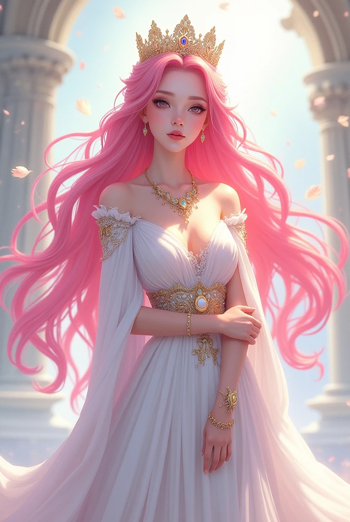 anime queen girl, pink hair, white clothes, wearing crown, jewerly