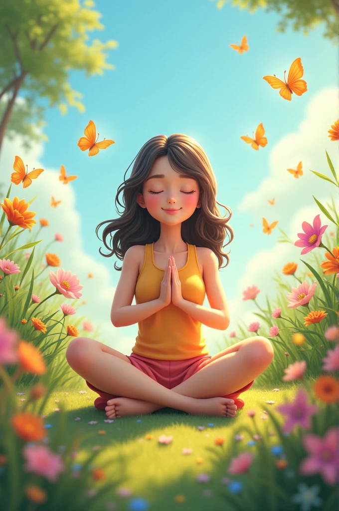 Cute meditating smile face too cute, she is sitting in a beautiful garden, colorful butterflies, colourful flowers blue sky fresh atmosphere