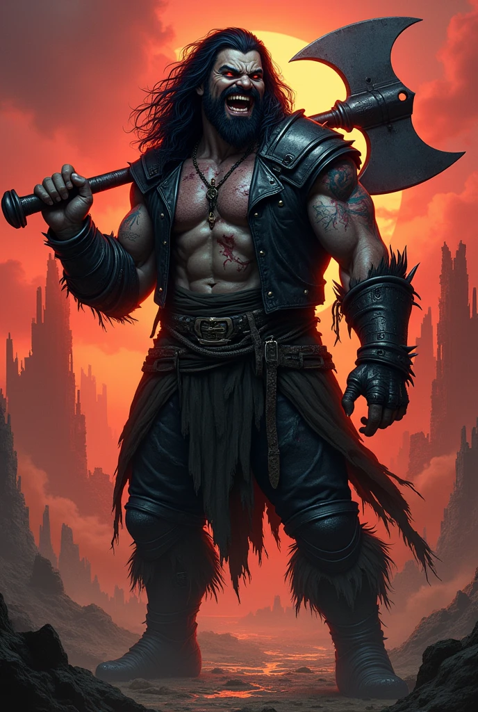 A refined version of 'Cão Raivoso,' inspired by DC's Lobo, in a Dungeons & Dragons 5e setting. The character is depicted as a Goliath Barbarian with a more human-like face, long black hair, and a distinct goatee that covers only his mustache and chin, similar to the style in the reference image provided, with the sides of his face clean-shaven. His eyes are a vibrant, glowing red with dark black markings around them, enhancing his intense and menacing appearance. He has gray, stone-like skin, covered in tribal tattoos and scars. He is wearing a torn, rugged black leather jacket over spiked leather armor, with the jacket sleeves ripped off, exposing his muscular arms. His face bears a wide, human-like grin as he laughs, showing normal human teeth. He wields a massive, blood-stained great axe slung over his shoulder. The background is a barren, post-apocalyptic wasteland with smoldering ruins and a blood-red sky, emphasizing his brutal and chaotic nature. The pose should be dynamic, highlighting his powerful and intimidating presence, face inspirad in actor Jason Mamoa.