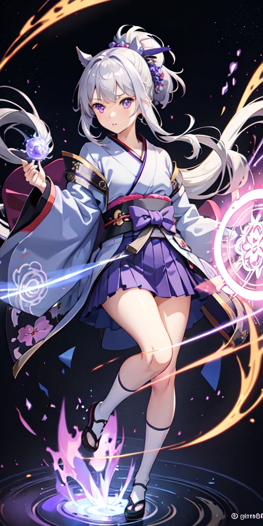 One girl, kimono, ponytail ,Gray Hair, Purple eyes, magic circle, Blue Fire, Blue Flame, wallpaper, landscape,Depth of written boundary, night, Particles of light, light, Side light, Thighs, destiny \(series\), Horse Girl,****, Open jacket, skirt, Knee socks, cloud