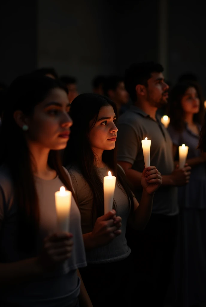 Latin people with white candles in their hands in the dark, vertical format, sense of mourning.