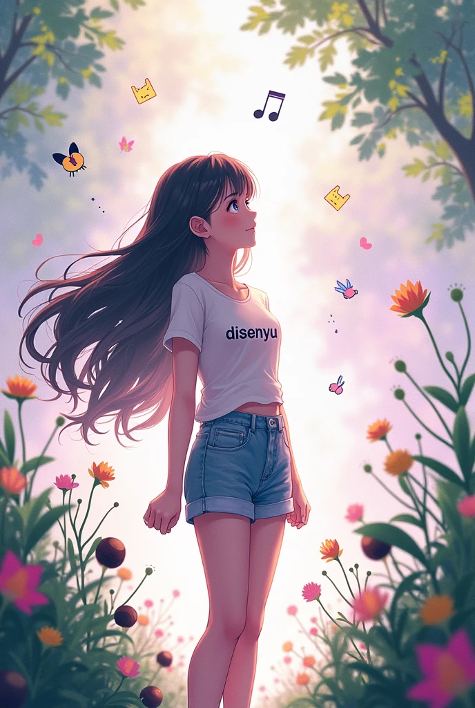 Anime girl with short jeans, T-shirt with the text “dissenyu” long hair, seeds, chestnut, admiring artificial intelligence as a universe to be discovered, with drawings and phrases in Spanish that represent artificial intelligence and the girl very happily pointing at them with her fingers. Use lilac and light green colors