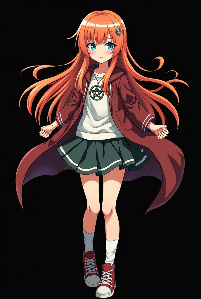 A full body image of a child aged, personagem do anime "JUJUTSU KAİSEN", she is very beautiful, with long, straight, fire-colored hair with two white streaks highlighted in the front, framing your face. She has blue-green eyes and pale skin.. she is a Wiccan, she is in fighting pose. she wears a pentagram necklace, beautiful women&#39;s high top shoes and ¾ long socks. She is drawn with Gege Akutami&#39;s lines and animation style., criador de JUJUTSU KAİSEN. black backdrop.