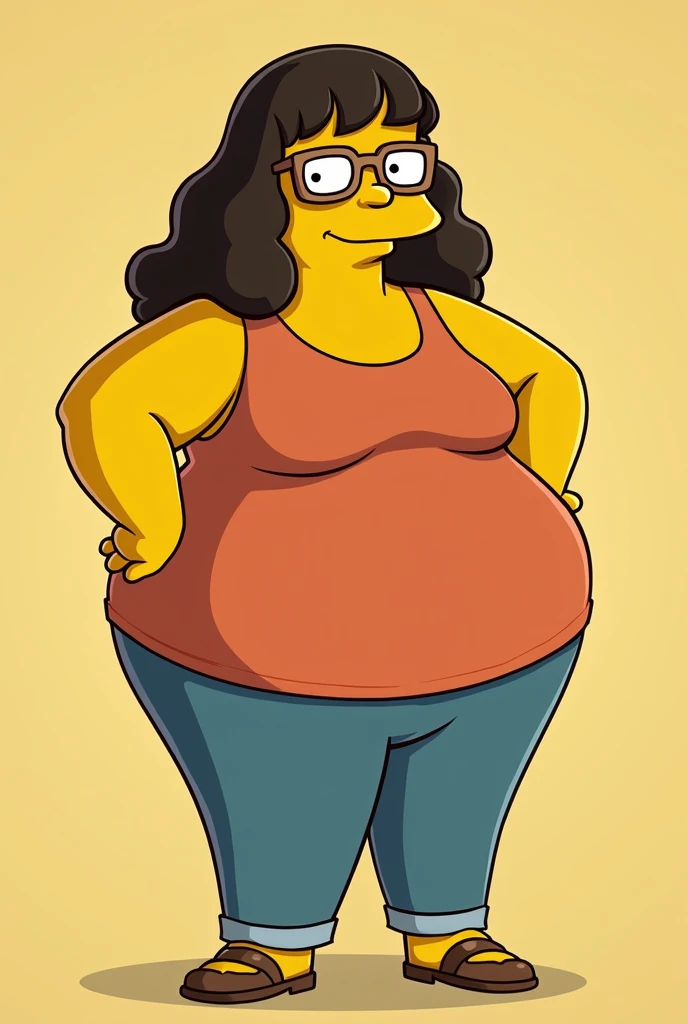 Make me a female person with indigenous features and overweight,  simpsons animated style, that she is brunette and wears glasses