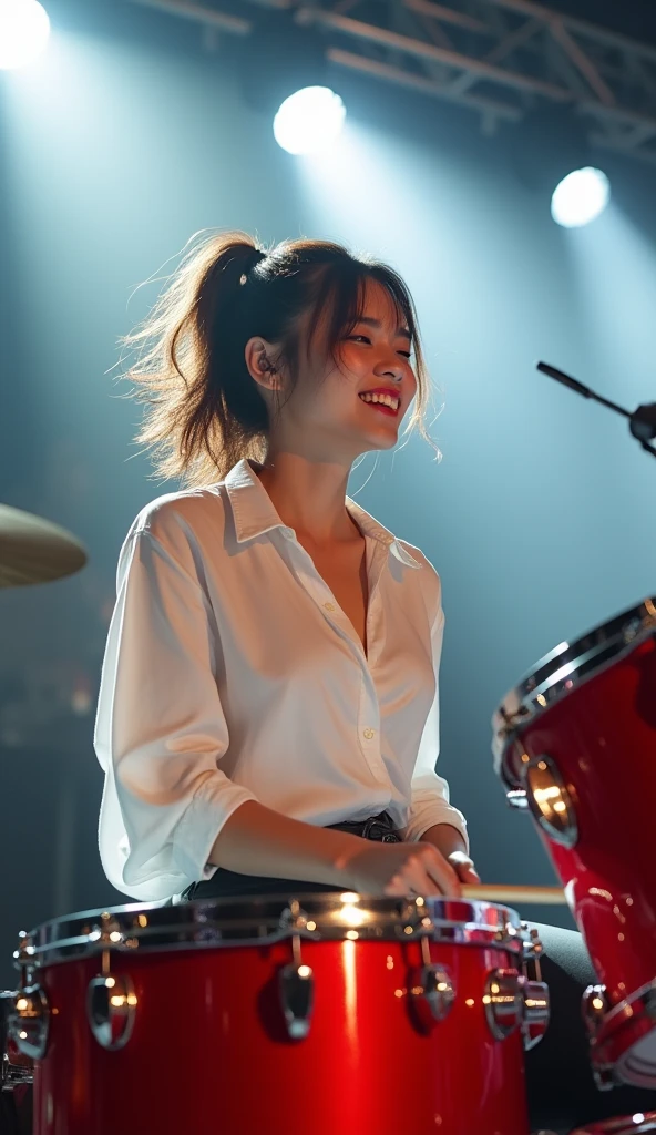 Realistic, Japanese women, drummer, Playing the red drums, rock band, On the concert stage, Brightly lit by stage spotlights, Very bright lighting, white light lighting,Wearing a white shirt, Medium length light brown hair, ponytail, Hair blowing in the wind, Her hair is messy and unkempt..., beautiful, White and translucent skin, Sweat splash, Charming person, Very large breasts, Show me my skin, Natural Makeup, Small Nose, Smooth jawline, Glossy face, Blushing, Big smile high resolution, Anatomically correct, Highest quality, Very detailed, Attention to detail, Looking down, Cowboy Shot, vision, smile,enjoy,Wide-angle shot, Uplifting,Gaze, 