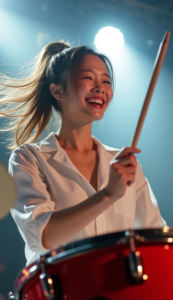 Realistic, Japanese women, drummer, Playing the red drums, rock band, On the concert stage, Brightly lit by stage spotlights, Very bright lighting, white light lighting,Wearing a white shirt, Medium length light brown hair, ponytail, Hair blowing in the wind, Her hair is messy and unkempt...., beautiful, White and translucent skin, Sweat splash, Charming person, Very large breasts, Show me my skin, Natural Makeup, Small Nose, Smooth jawline, Glossy face, blush, 大きなsmile高解像度, Anatomically correct, Highest quality, Very detailed, Attention to detail, Looking down, Cowboy Shot, vision, smile,enjoy,Wide-angle shot, boost mood,sight, heat,