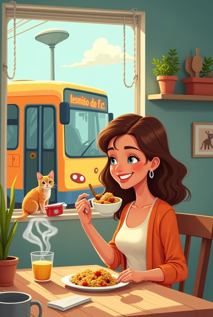 Cartoon-style brown-haired woman eating couscous and having breakfast in her kitchen through the window we see a bus passing by with the sign LESMÃO de F.c.