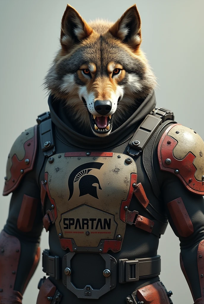 Realistic wolf in safety suit with Spartan written on it With Spartan symbol