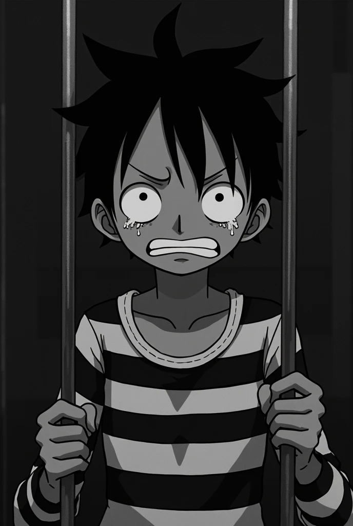 Monkey D. Luffy in a black and white striped long sleeve prison uniform with teary eyes inside a jail