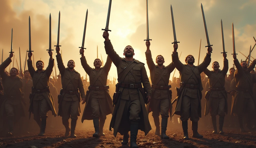 Soldiers cheering for victory with swords in hand