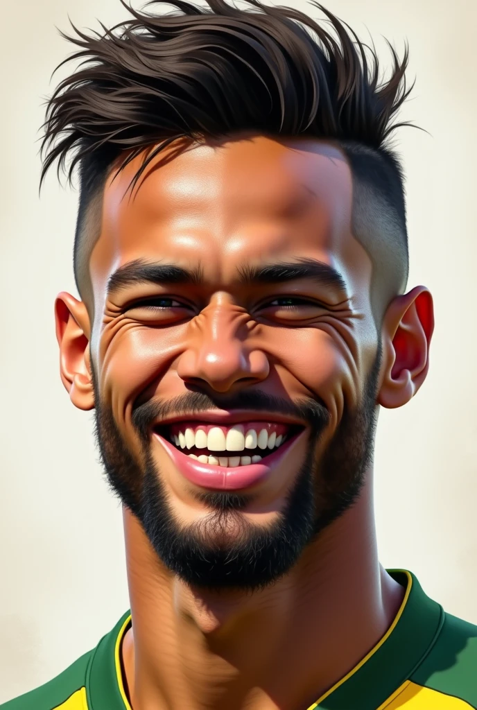 Face shape: Oval with a slightly more defined chin.
hairs: Geralmente, Neymar has short hair and a modern style, often with a shaved cut on the sides and a little longer on top, sometimes with a little volume or with a natural texture.
eyeballs: eyeballs amendoados e expressivos, with well-defined eyebrows.
nase: nase reto e um pouco mais largo na base.
gura: middle lips, with a smile that may be slightly crooked or challenging.
Skinned: medium skin tone, generally looking healthy and well-groomed.
