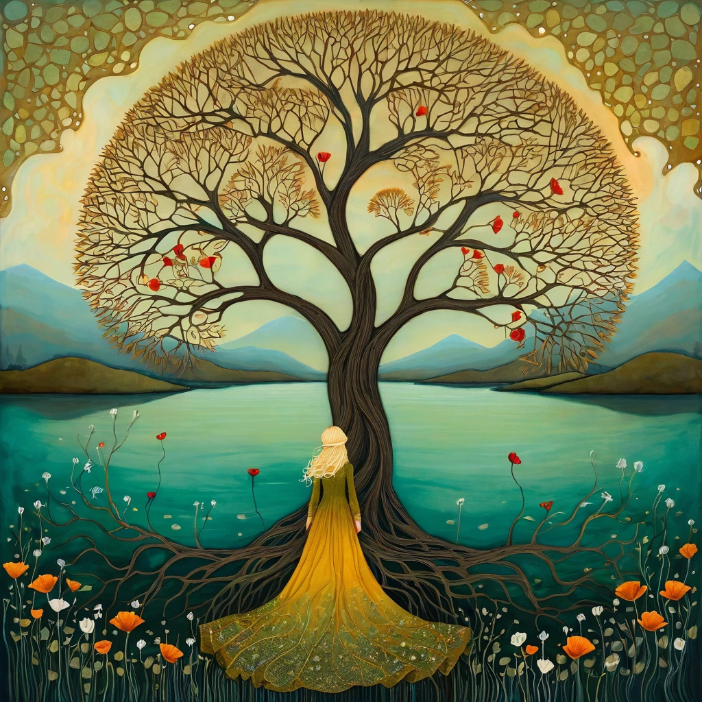 In the Style of Andy Kehoe and Tracy Grimwood. yggdrasill tree, large roots sinking into the ground, branches rising high into the sky, intricate geometries. Three-quarter view of a lake with mustard-colored, emerald waters. Lying on the shores of the lake woman with blond, windswept hair, dress made of woven poppies. Dandelion flowers, poppies, marsh flowers, bleeding heart flower . Warm colors, and cold colors skillfully mixed.