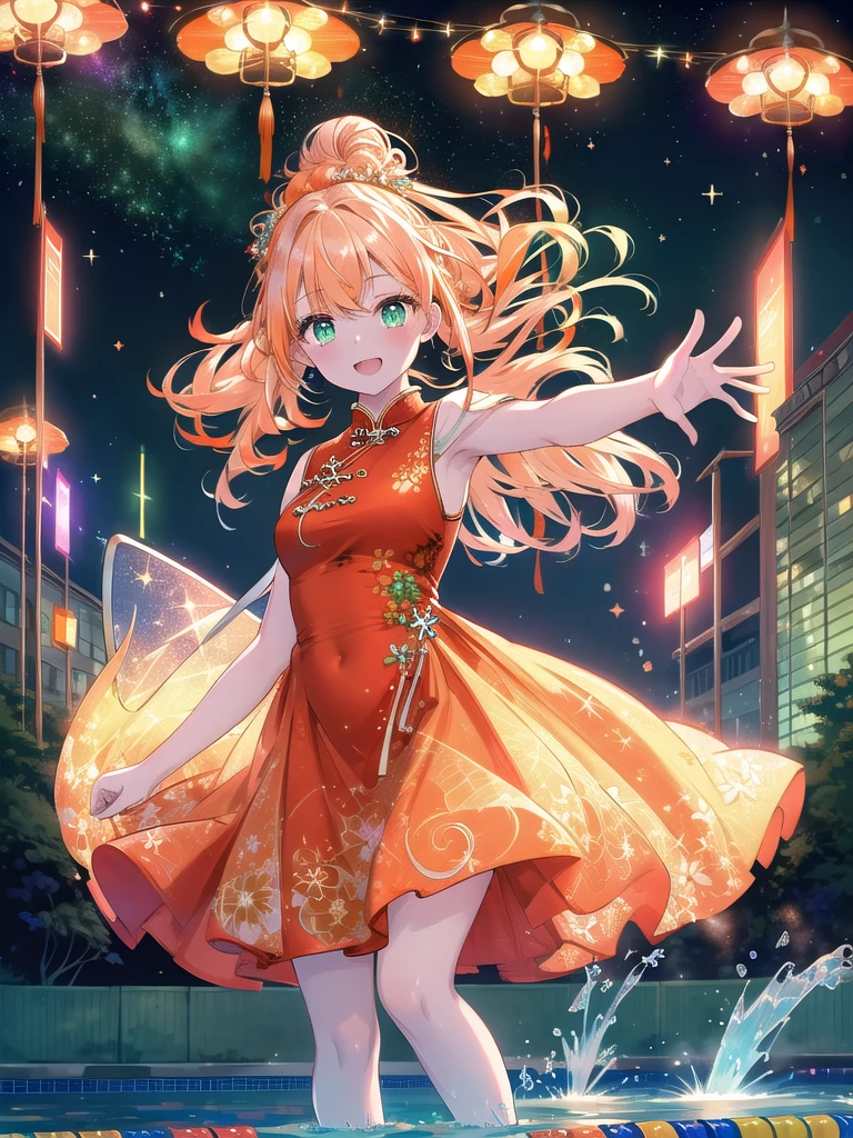 ((8k, highest quality, masterpiece: 1.3)), ultra high resolution, (1 girl, alone), (color changing eyes, super detailed, expressive glow, sparkling, glowing eyes), highly detailed eyes, highly detailed face, messy bun, (long curly hair: 1.2), droopy eyes, ((hair color, pale orange gradating to pale green at the ends)), flower barrettes on both sides of hair, mouth slightly open, (ecstatic expression: 1.2) pale skin, red Chinese dress, (sexy pose), (poolside, starry sky: 1.1), random angles