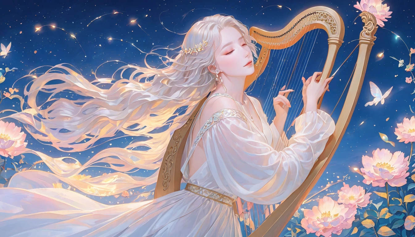 This image depicts a serene, ethereal scene featuring a delicate figure playing a harp. The character appears otherworldly, with pale skin and long, flowing white hair adorned with intricate, shimmering accessories. The setting seems to be a dreamy, celestial environment, filled with soft, glowing lights that enhance the magical ambiance. The figure's clothing is equally ethereal, with light, translucent fabric that adds to the otherworldly, almost angelic feel of the image.