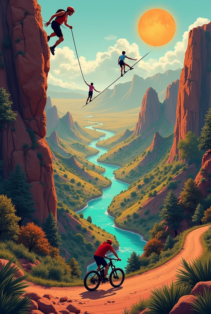 A collage that includes a rock climber, an athlete practicing slackline, A mountain biker in the Chicamocha canyon and with symbols of the Guane indigenous people