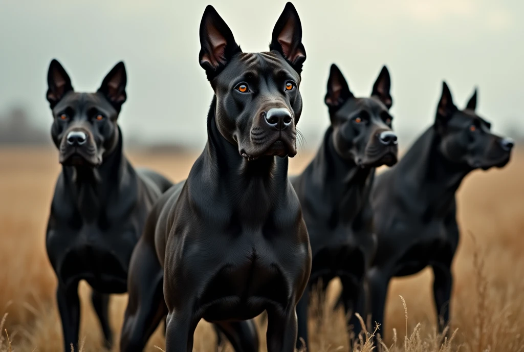 selfie fotka skupiny černých statných stafford terrier psů, realistická fotka, velice širokoúhlá, 12mm ohnisko objektivu, vysoké detaily, epická, 