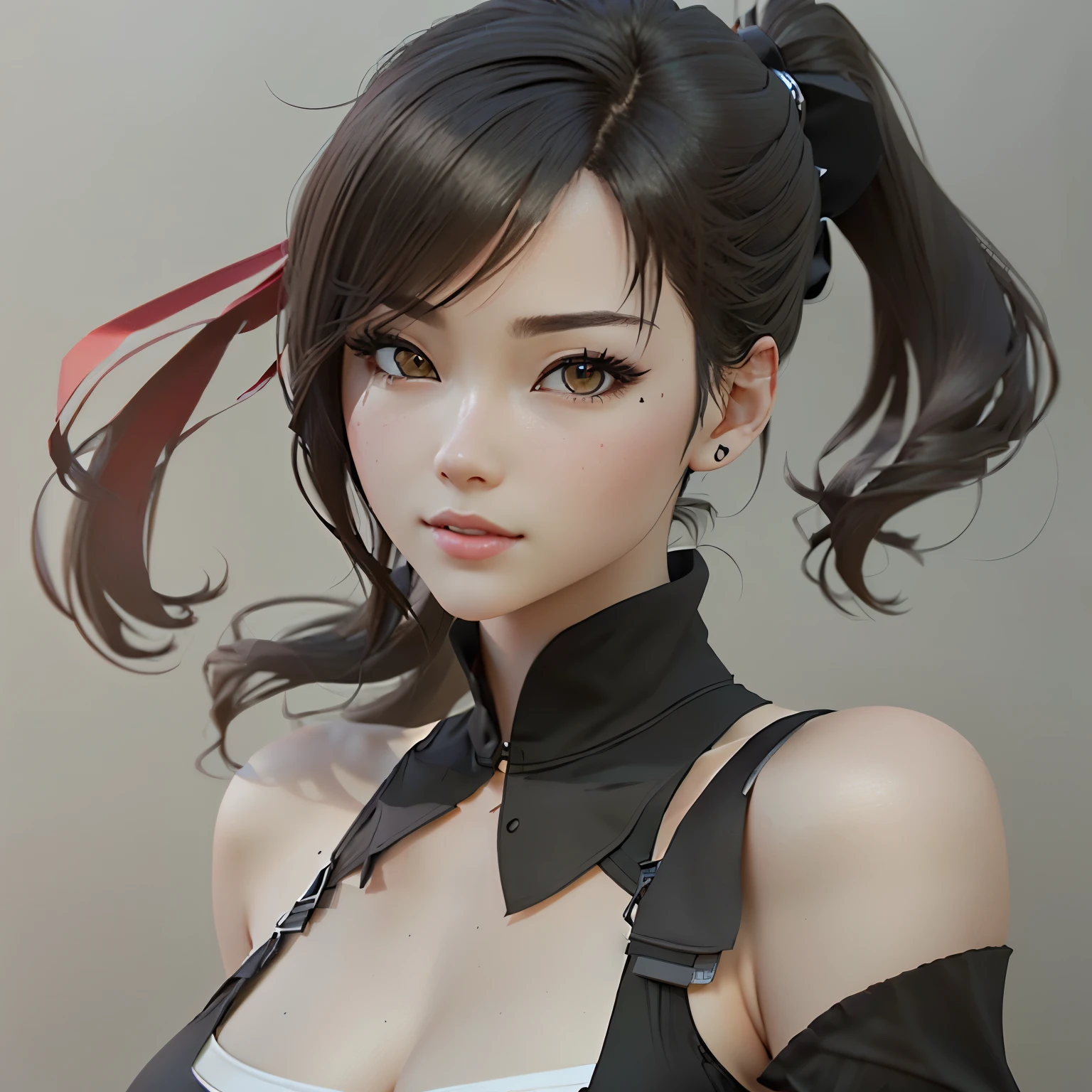 There is a woman with a ponytail and a black top, Photorealistic anime girl rendering, Highly detailed characters, render of a cute 3d anime girl, 3D Anime Real, Anime-style 3D, April Rendering, Close-up Character, 3d anime girl, Has a very detailed face, Portrait of Chun-Li, Masuimi Max, Tifa