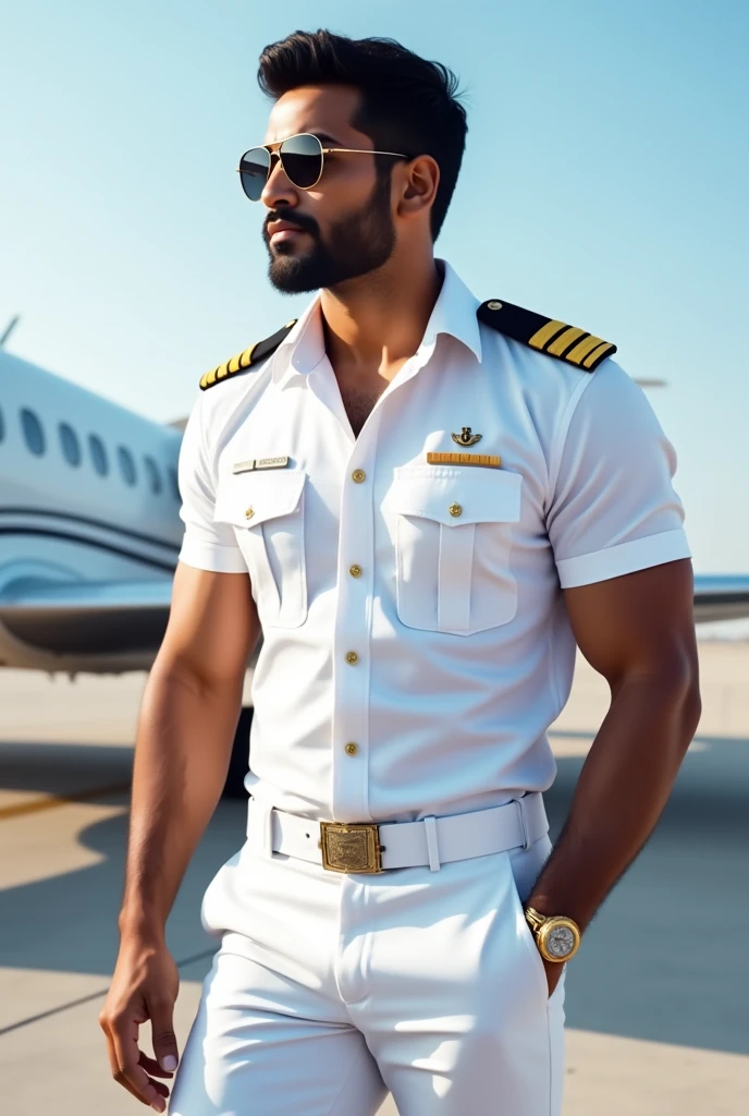 Toned  Sri lankan white skin sexy male pilot with white standard  pilot costume sunglass