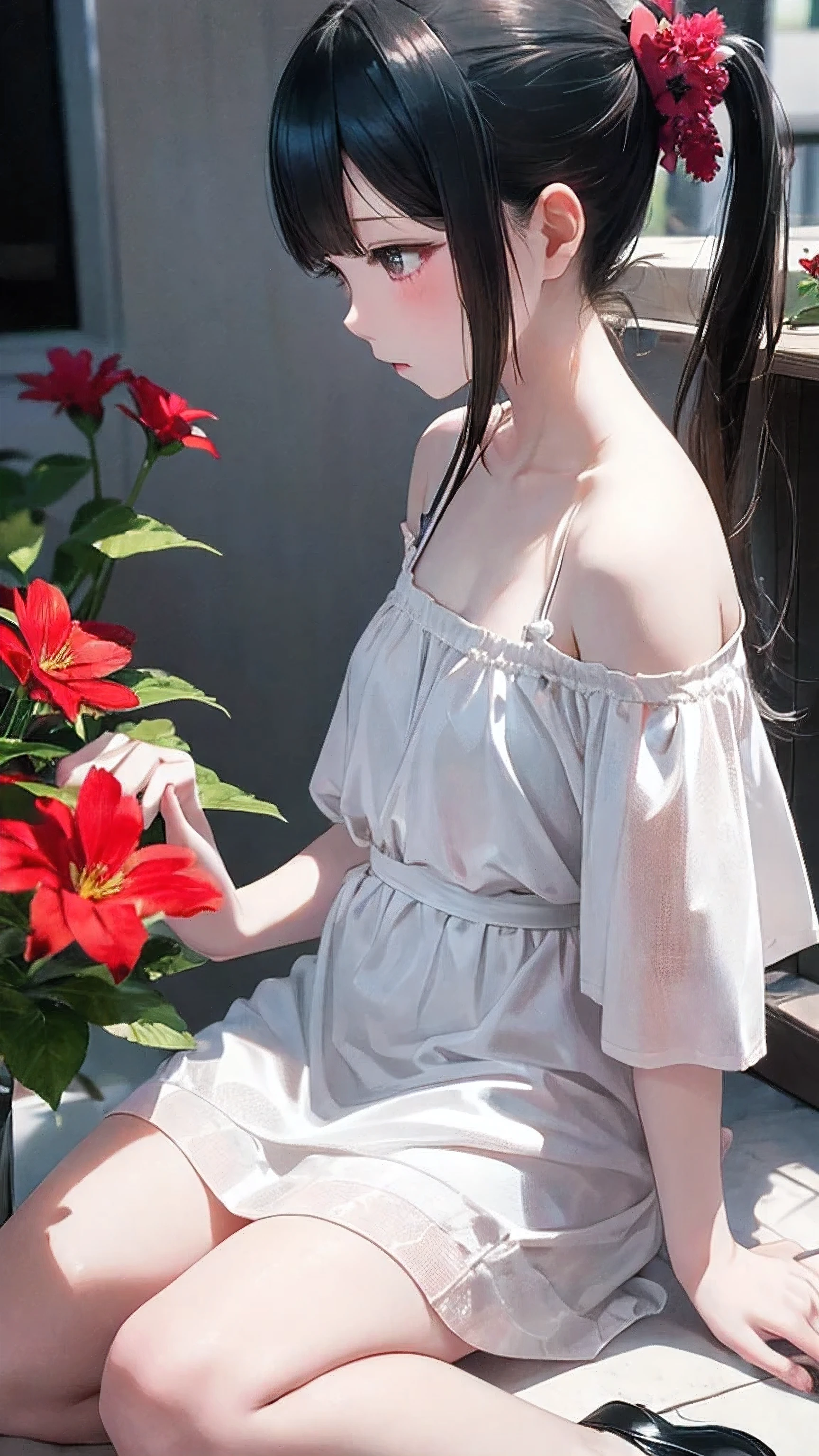 of the highest quality、masterpiece、Gray and red harmonious art、gray、perfect anatomy、Girl in the twilight、、profile、black off shoulder dress、Sitting girl、wabi sabi art、gray、red、white、Perfect artistic harmony、fancy、vermilion flower、Gray leaves、Modest flower、easy setup、The background is a white wall、Red Flower、Gray leaves、space、