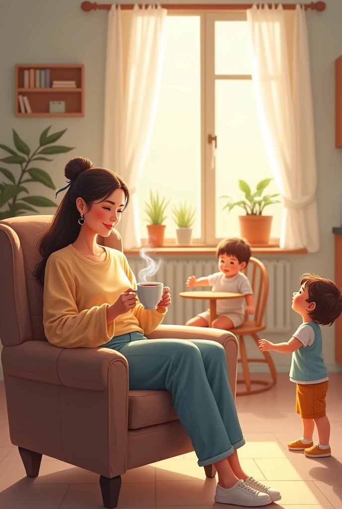 “Create an illustration of a relaxed mother in a cozy, organized home environment. She is sitting comfortably in an armchair, holding a cup of tea, while your children play independently and happily around. Ao fundo, the house is clean and tidy, with soft light coming in through the window, conveying a sense of tranquility and efficiency.”