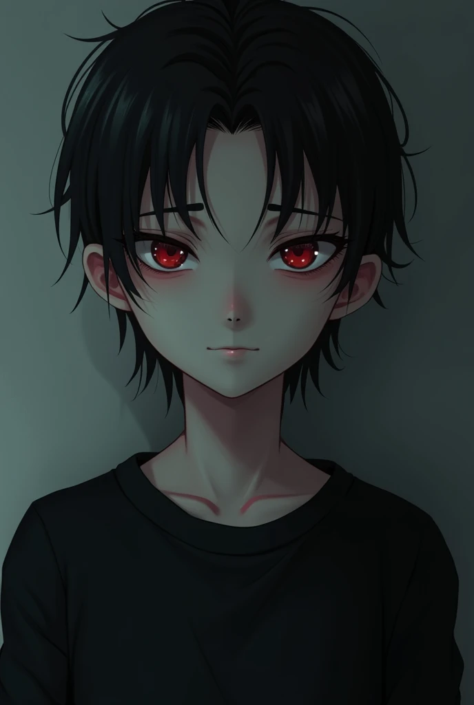 a boy wearing a black sweatshirt he was tall and thin with slightly thin arms broad shoulders, the boy had slightly long black hair, with slightly pale fair skin, his eyes cold and red as ruby, had slight dark circles around them from lack of sleep