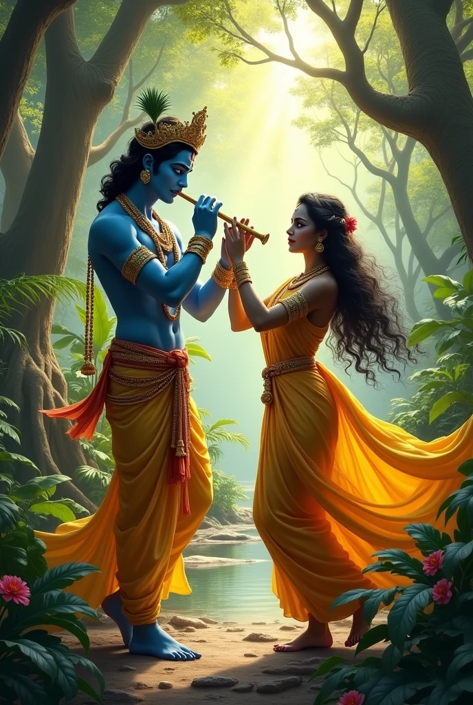 krishna god in jungle with fluit photo and radha dancing