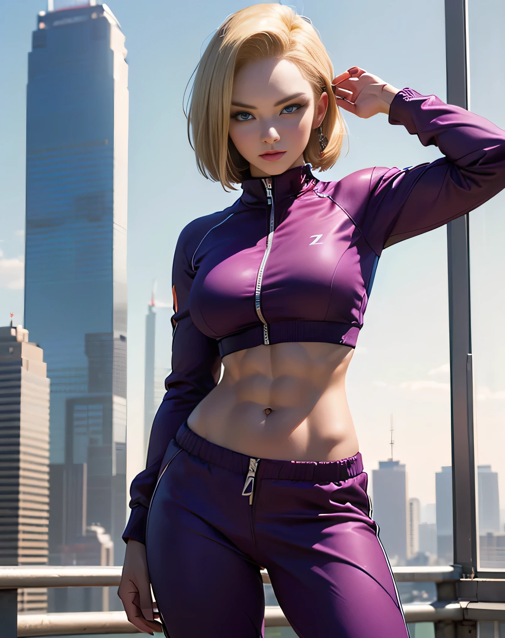 (photorealistic:1.6),(High resolution:1.6),(1 girl:1.5),(solo, one woman:1.5),(Beautiful face woman:1.2),(cool beauty:1.3),(looking at viewer:1.4),,(Rooftop overlooking the skyscrapers:1.2),(android18:1.5),(blonde hair:1.3),(android18 Hairstyle:1.3),(saggy breasts),(muscular abdomen),(Fashion Model pose:1.5),(Tight Red-Purple Tracksuits:1.3)