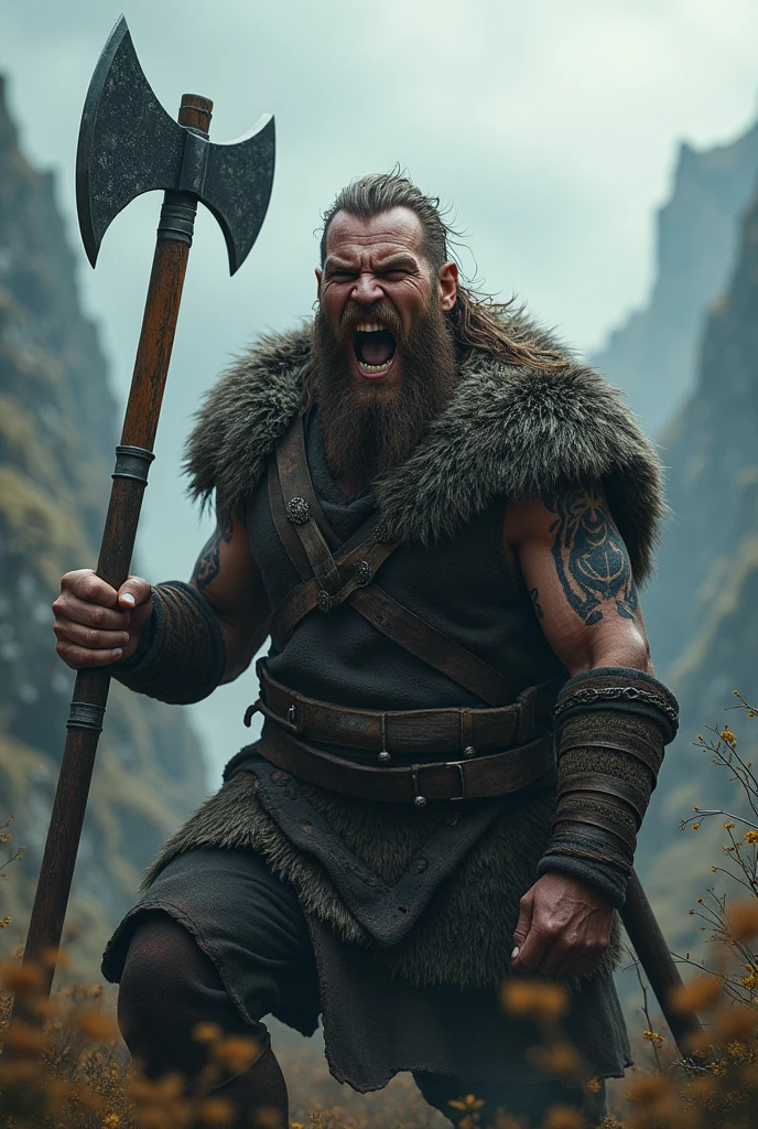  a realistic viking screaming with his teeth bared, with a Nordic tattoo around his eye.  holding axe 