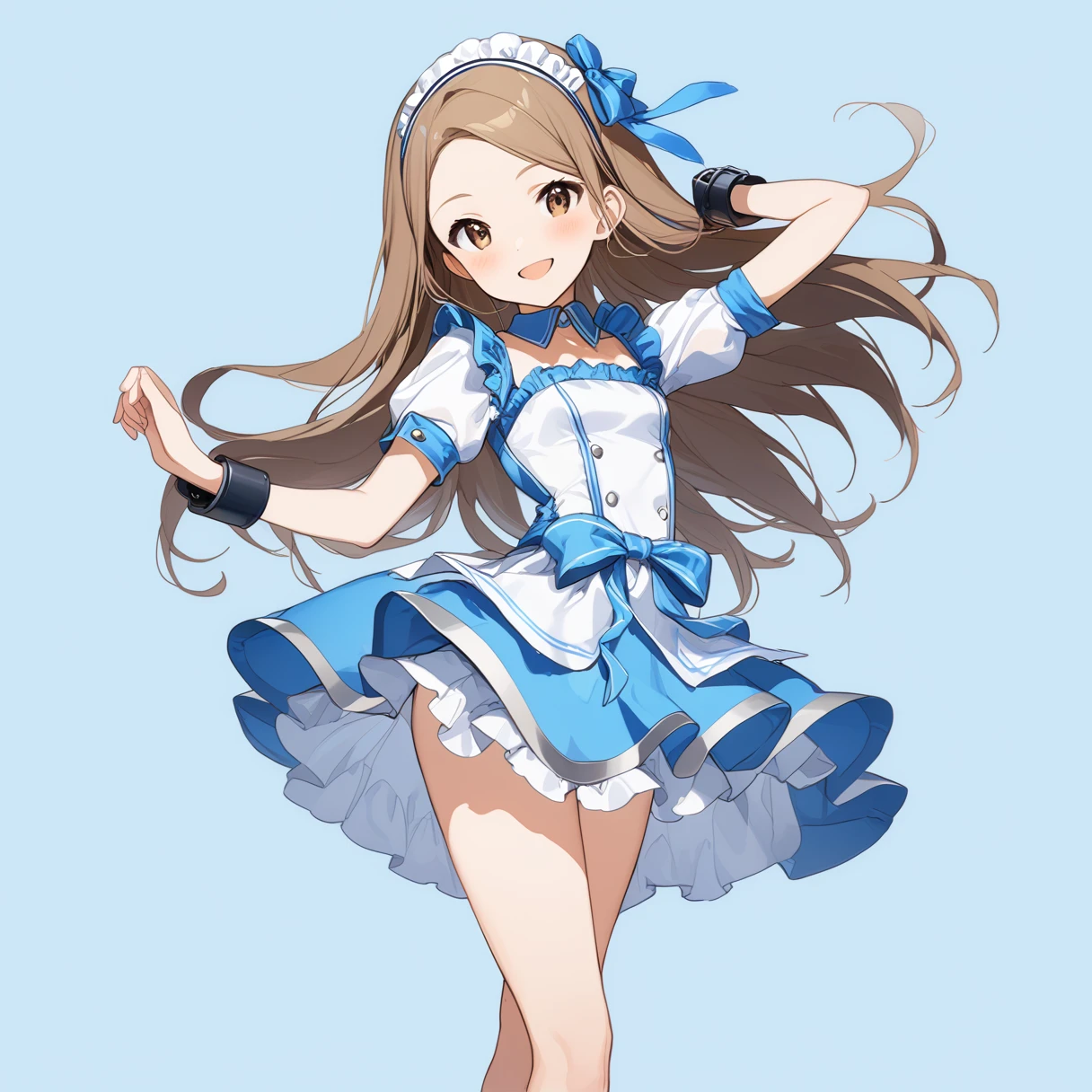 (Full Body Shot:1.2), (Arching the back), 
(masterpiece), (Highest quality), (High resolution), (Very detailed), (Best illustrations), Best Shadow, (so beautiful:0.5), (very cute), 

(Minase Iori),  girl, 
Dark brown hair, Long Hair, amount, Hair Clip, Brown eyes, hair band, 
smile, Shyness, Pitiful, 
Small breasts, Round Breasts, Iris, round face, 

Perfect limbs, Perfect Anatomy, Thin legs, Five perfect fingers, Big eyes, Iris, (slender), Tight waist, 
Delicate and smooth skin, Beautiful Skin, Textured skin, Attractive body, 
smile, 恥ずかしそうなsmile, 
 
Garconne look maid outfit, Short skirt, ribbon, cuffs, 

(Blue background:2.0), (Blue Studio), 

(from the front), 