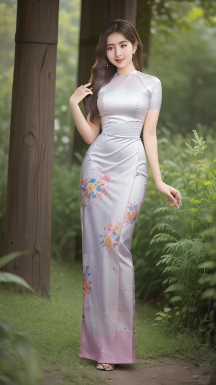 Attractive curvy full body Myanmar girl.  High hips, big hips, friends' bodysuits,  ((Mostly colored silk dress)) A long dress painted with reflective flowers.  A single outfit.  ((full body))hi gh hips High resolution tion High resolution nature background High resolution HD 3D,  8K animated anim