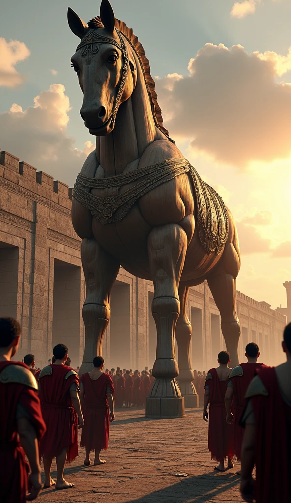 A colossal wooden horse stands outside the towering gates of Troy at dusk, with anxious Trojan soldiers inspecting it, unaware of the Greek warriors hidden inside. The scene is filled with tension, ancient Greek armor, and detailed city walls."

