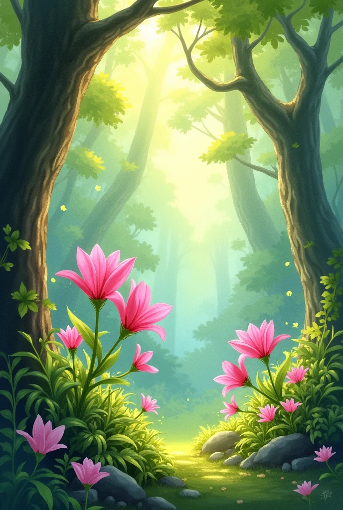 enchanted forest watercolor pink flowers