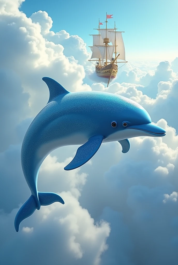 Create a blue dolphin flying through the skies among the clouds and a golden pirate ship in the background to make the image hyperrealistic
