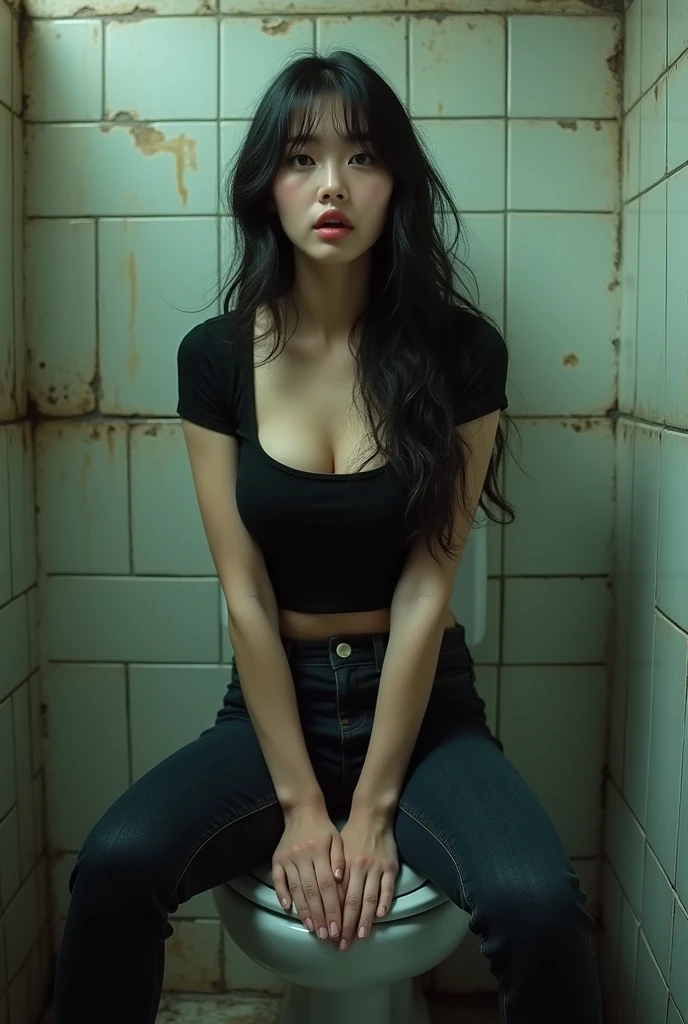 (Old public toilet)black hair korean actress korean woman.Wear skinny jeans that fit your body well and a short-sleeved T-shirt that fits your body well.....Sitting on the bathroom toilet.very big breasts.very big breasts.jib.((8k)).With a surprised look. skinny woman with scared expression.Young woman in her 20s(super big tits).A woman with huge breasts.