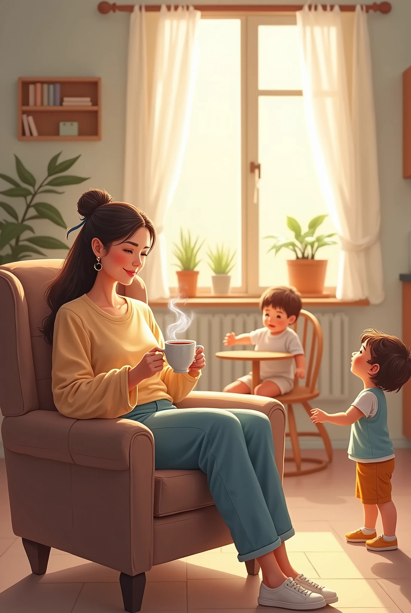 “Create an illustration of a relaxed mother in a cozy, organized home environment. She is sitting comfortably in an armchair, holding a cup of tea, while your children play independently and happily around. Ao fundo, the house is clean and tidy, with soft light coming in through the window, conveying a sense of tranquility and efficiency.”