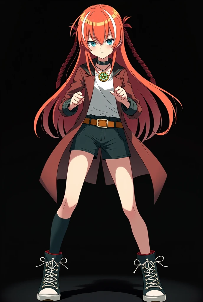 A full body image of a  , personagem do anime "JUJUTSU KAİSEN", she is very beautiful, with long, straight, fire-colored hair with two white streaks highlighted in the front, framing your face. She has blue-green eyes and pale skin.. she is a Wiccan, she is in fighting pose. she wears a pentagram necklace, beautiful women&#39;s high top shoes and ¾ long socks. She is drawn with Gege Akutami&#39;s lines and animation style., criador de JUJUTSU KAİSEN. black backdrop.