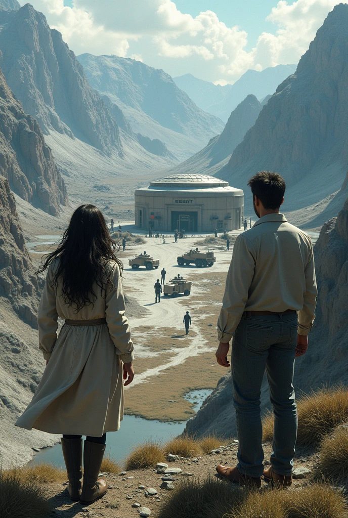 Two scientists, a woman with loose hair and a man. They are on a mountain overlooking a secret base . With three guards outside and three military vehicles parked. And a mountainous background can be seen