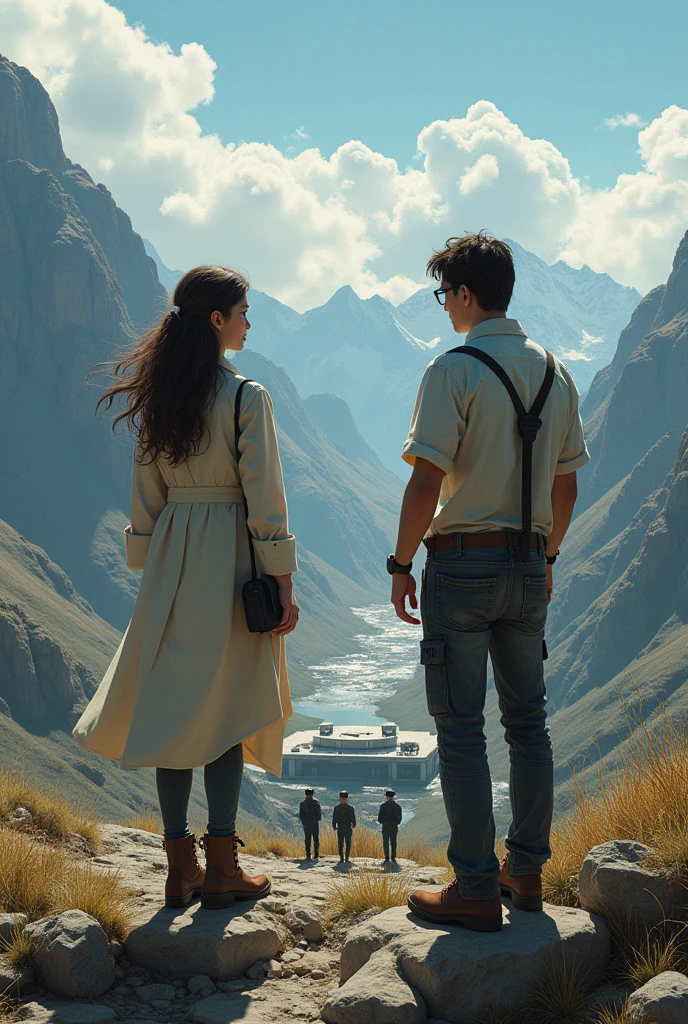 Two scientists, a woman with loose hair and a man. They are on a mountain overlooking a secret base . With three guards outside and three military vehicles parked. And a mountainous background can be seen 