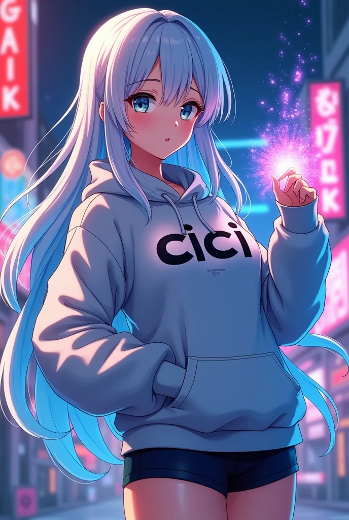 Create a character anime, {background: capital text: “GLBK” in right-top, night city}, tanned skin,
realistic, HDR, beautiful, japan style, full body, use magic, age 20, hoodie HD text: “Cici”, female, gradient hair white & blue, long hair, big boobs
