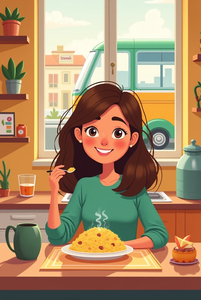 Cartoon-style brown-haired woman eating couscous and having breakfast in her kitchen. Through the window we clearly see a bus passing by with the sign LESMÃO de F.c.