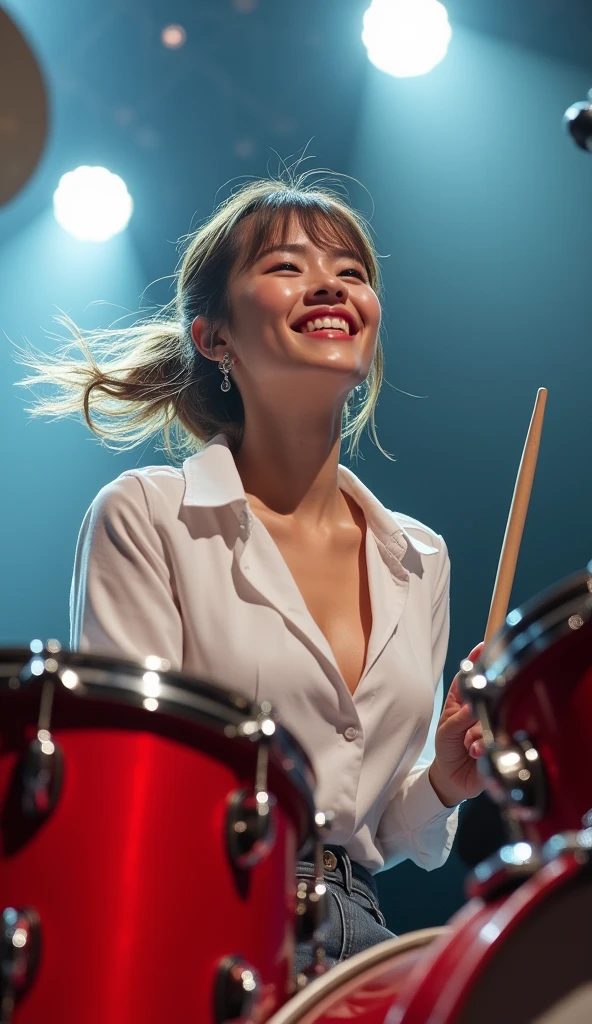 Realistic, Japanese women, drummer, Playing the red drums, rock band, On the concert stage, Brightly lit by stage spotlights, Very bright lighting, white light lighting,Wearing a white shirt, Medium length light brown hair, ponytail, Hair blowing in the wind, Her hair is messy and unkempt...., beautiful, White and translucent skin, Sweat splash, Charming person, Very large breasts, Show me my skin, Natural Makeup, Small Nose, Smooth jawline, Glossy face, blush, 大きなsmile高解像度, Anatomically correct, Highest quality, Very detailed, Attention to detail, Looking down, Cowboy Shot, vision, smile,enjoy,Wide-angle shot, boost mood,sight, heat,