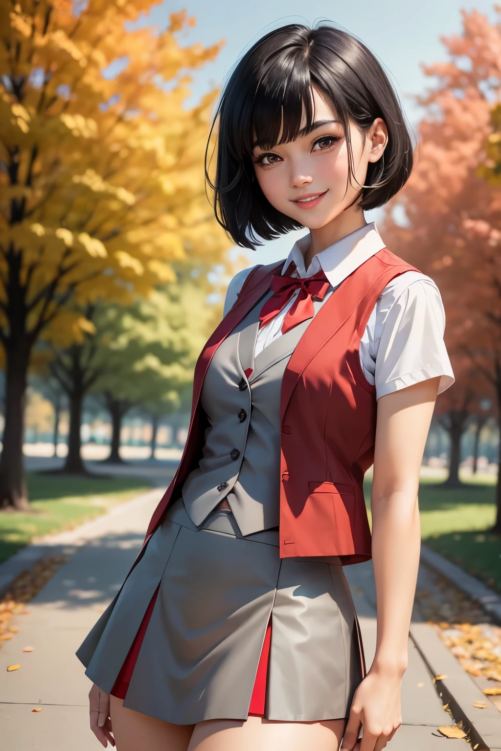 Graphic novel style, 1 stunningly beautiful college girl, smiling, blushing, short black hair, bob cut, wearing a Japanese school uniform, red eyes, 1, ((short black skirt)), toned legs, red bow, ((light gray closed vest)), in the park,