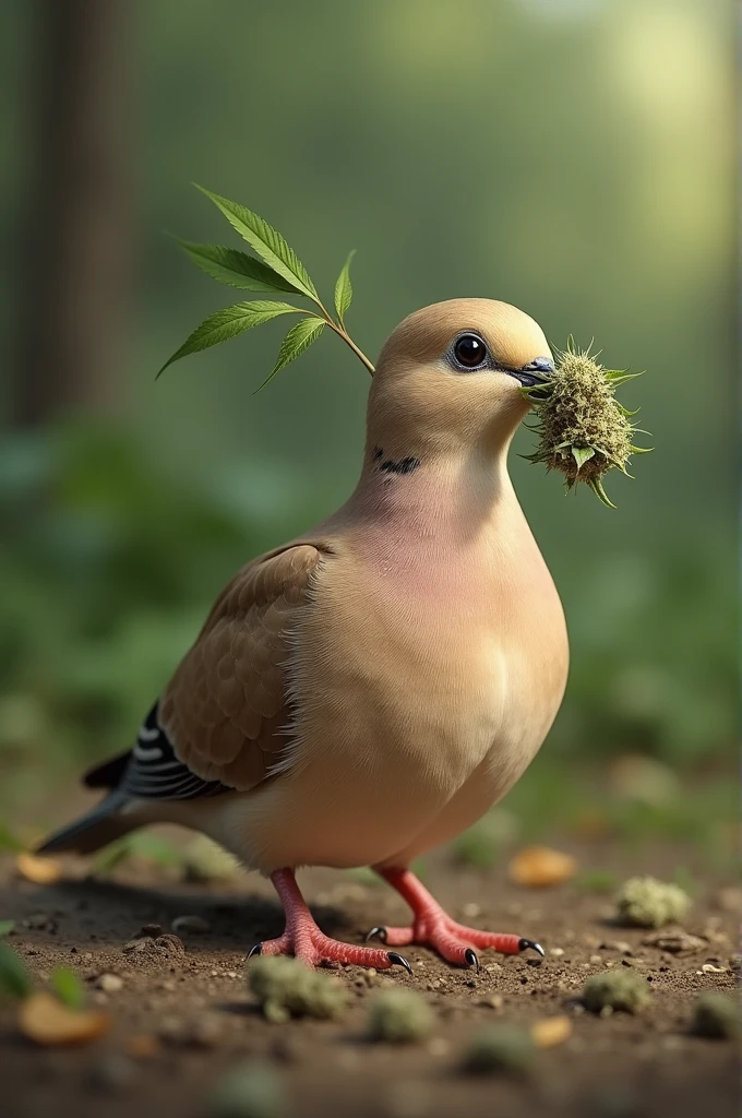 Dove carrying a sprig of marijuana