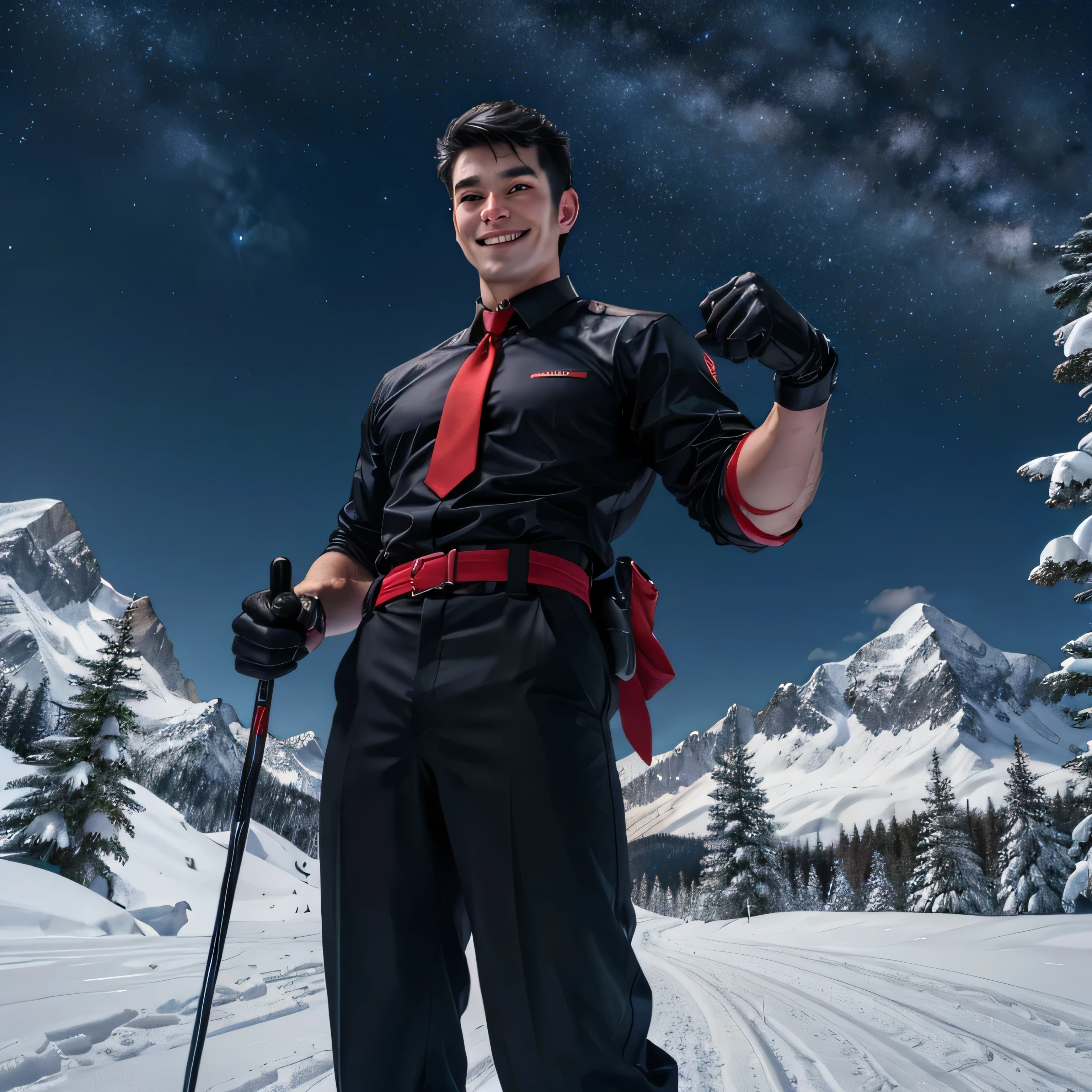 Age 27,One Man,Tall handsome man、Black Shirt、Red tie、Black gloves、Forest、Snowy mountain at night Ski、 ,Black Hair、Very short hair、、Asian Face Seen from below Cool smile