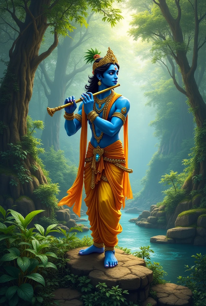 krishna god in jungle with fluit