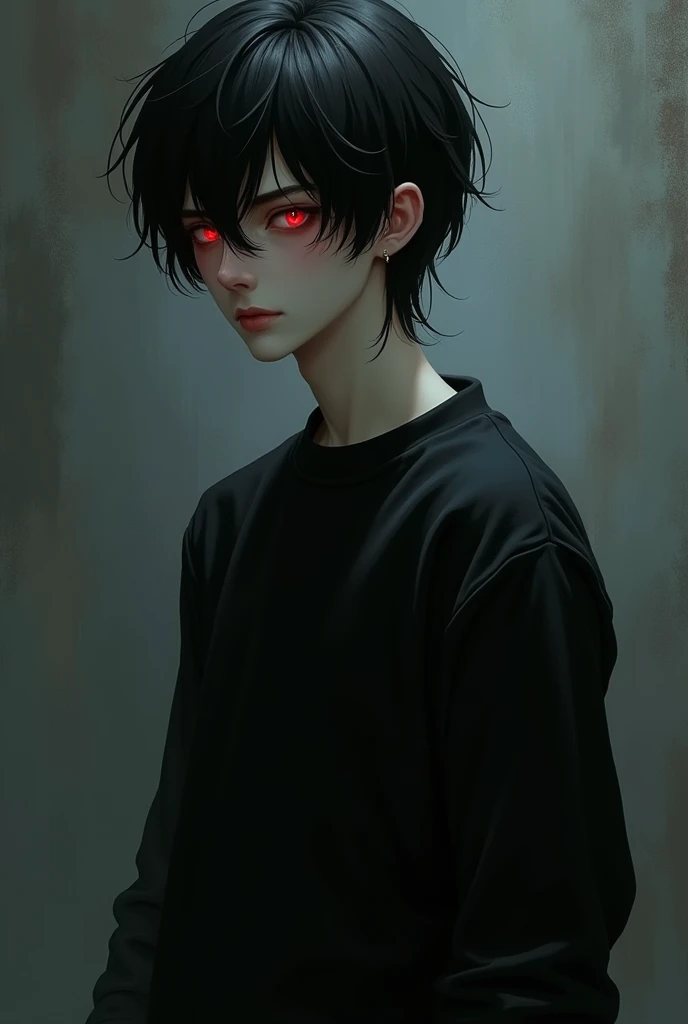 a boy wearing a black sweatshirt he was tall and thin with slightly thin arms and broad shoulders, the boy had slightly long black hair, with slightly pale fair skin, his eyes cold and red as ruby, had slight dark circles around them from lack of sleep