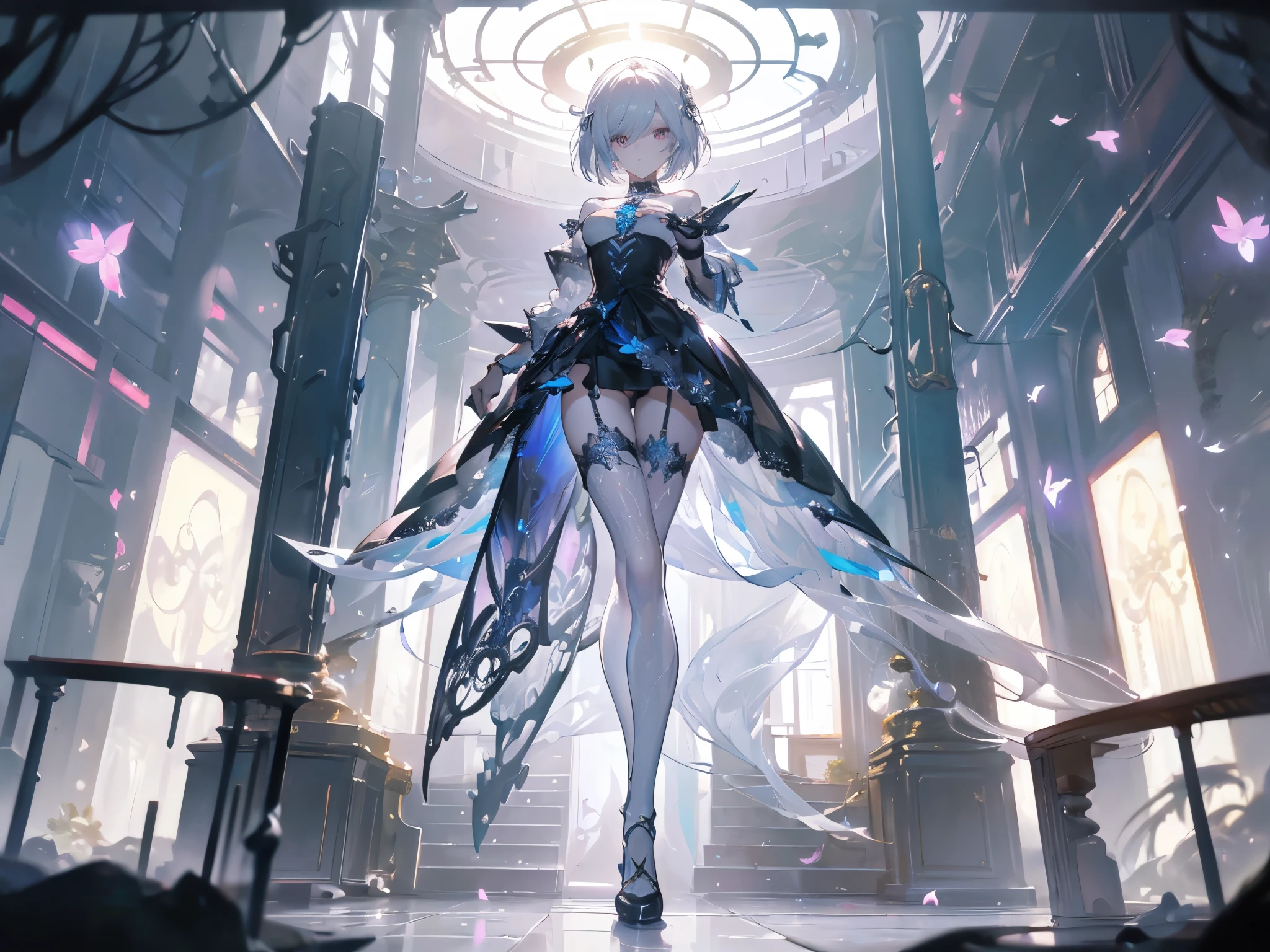 ((masterpiece, best quality)), Epic battlefield atmosphere,Halo,Silver Bell Ice Heart,Magician,Petals falling,A meticulous face,Standing image,Perfect body proportions,Long legs,Stylish short hair,beautiful eyes,Fantasy style,White background,transparent,Sexy,Lace,Fishnet stockings