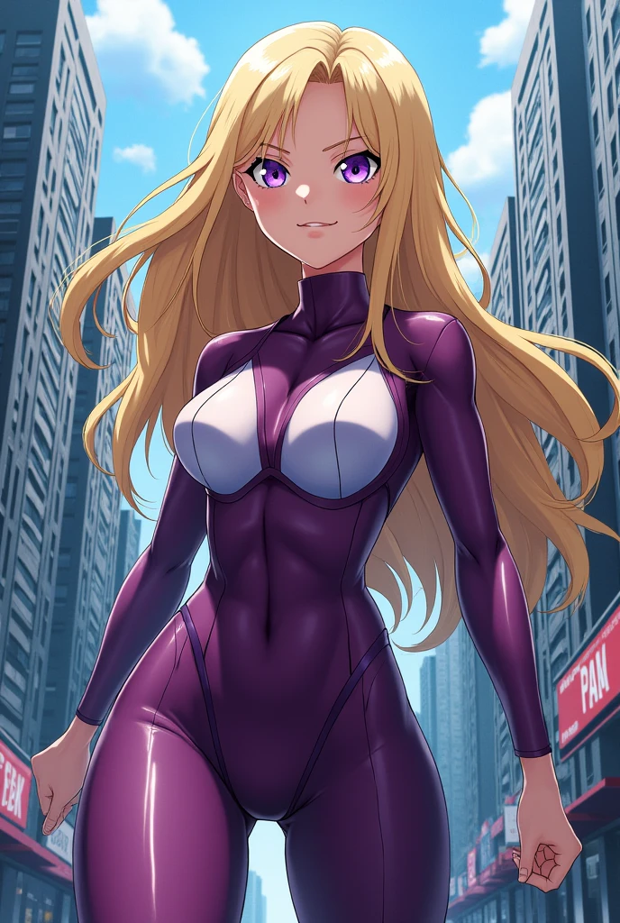 Female character from boku no hero with blonde hair and purple eyes